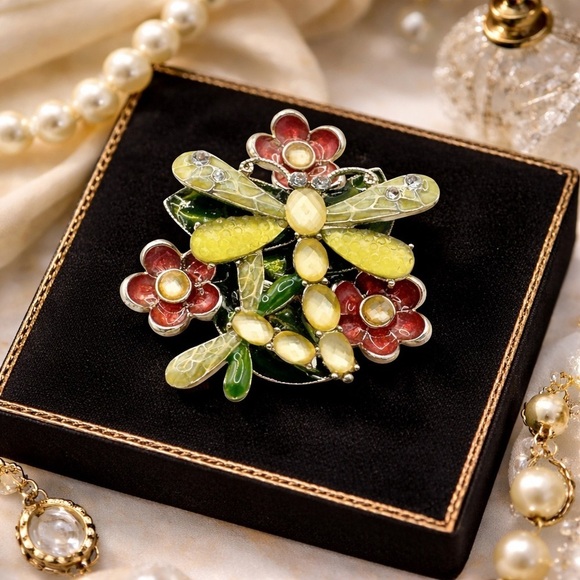 Jewelry - Vintage Multicolor Dragonfly Flowers Brooch Pin - 1980s